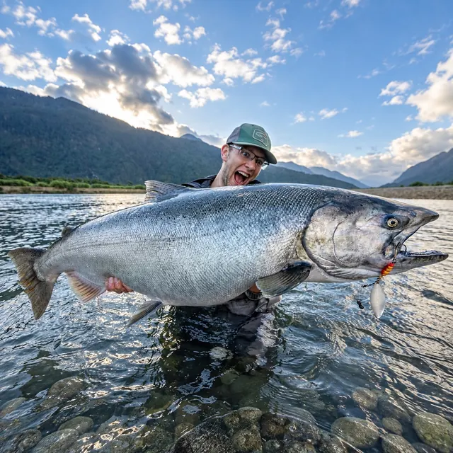 Colin Catchup mit einem riesigen Lachs im Fluss