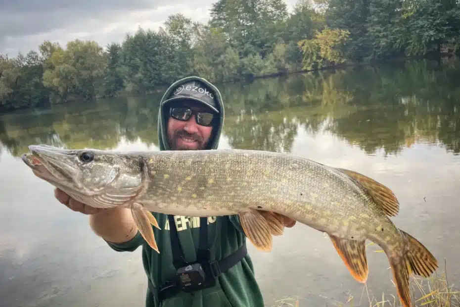 Swimbait auf Hecht: Victor (Ich geh' angeln) aus der Better-Fishing-Jury hält einen Hecht waagerecht über dem Wasser